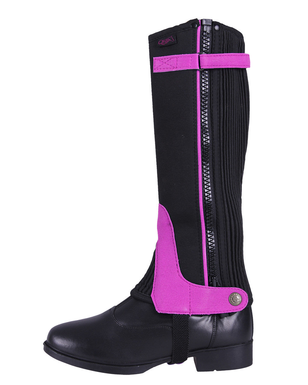 Mini-chaps d'équitation pour petits cavaliers QHP Daim noir et fuchsia