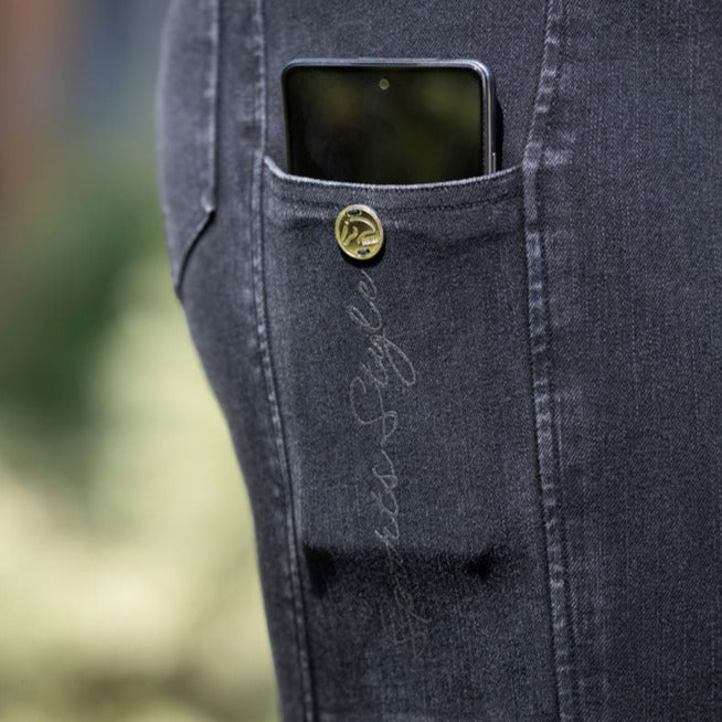 Pantalon d'équitation jean pour cavalières du 34 au 46 HKM Harbour Island Denim full grip noir