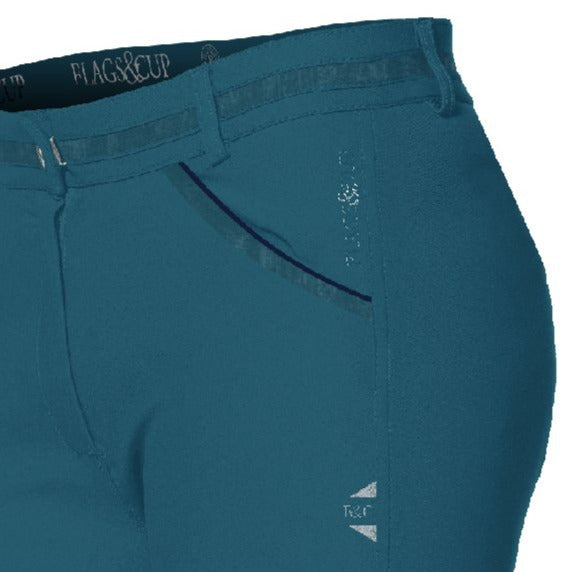 Détail du pantalon d'équitation pour petites cavalières Flags&Cup Arola bleu émeraude