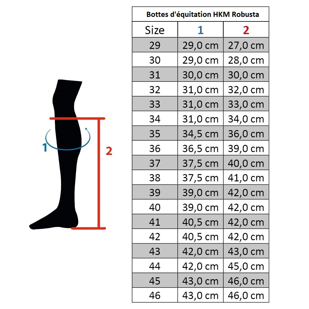 Tableau des tailles des bottes d'équitation synthétiques doublées de mouton synthétique pour petits cavaliers et adultes HKM Robusta