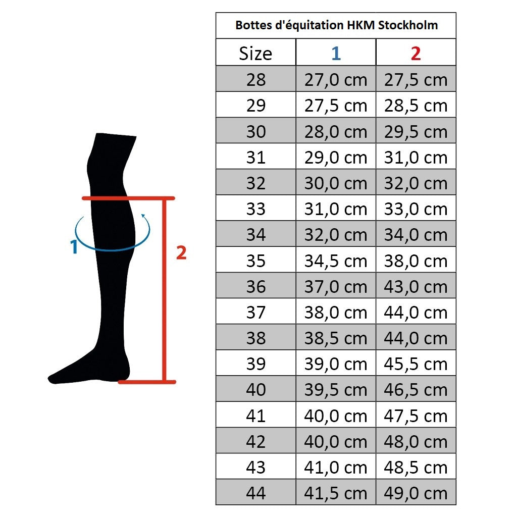 Tableau des tailles pour les bottes d'équitation synthétiques doublées de fourrure synthétique pour petits cavaliers et adultes HKM Stockholm