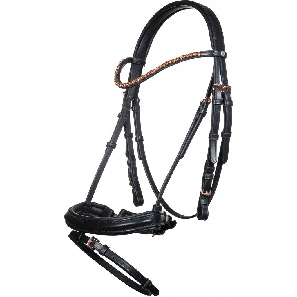 Bridon pour poneys et chevaux HKM Glamour cuir noir et bouclerie rosegold