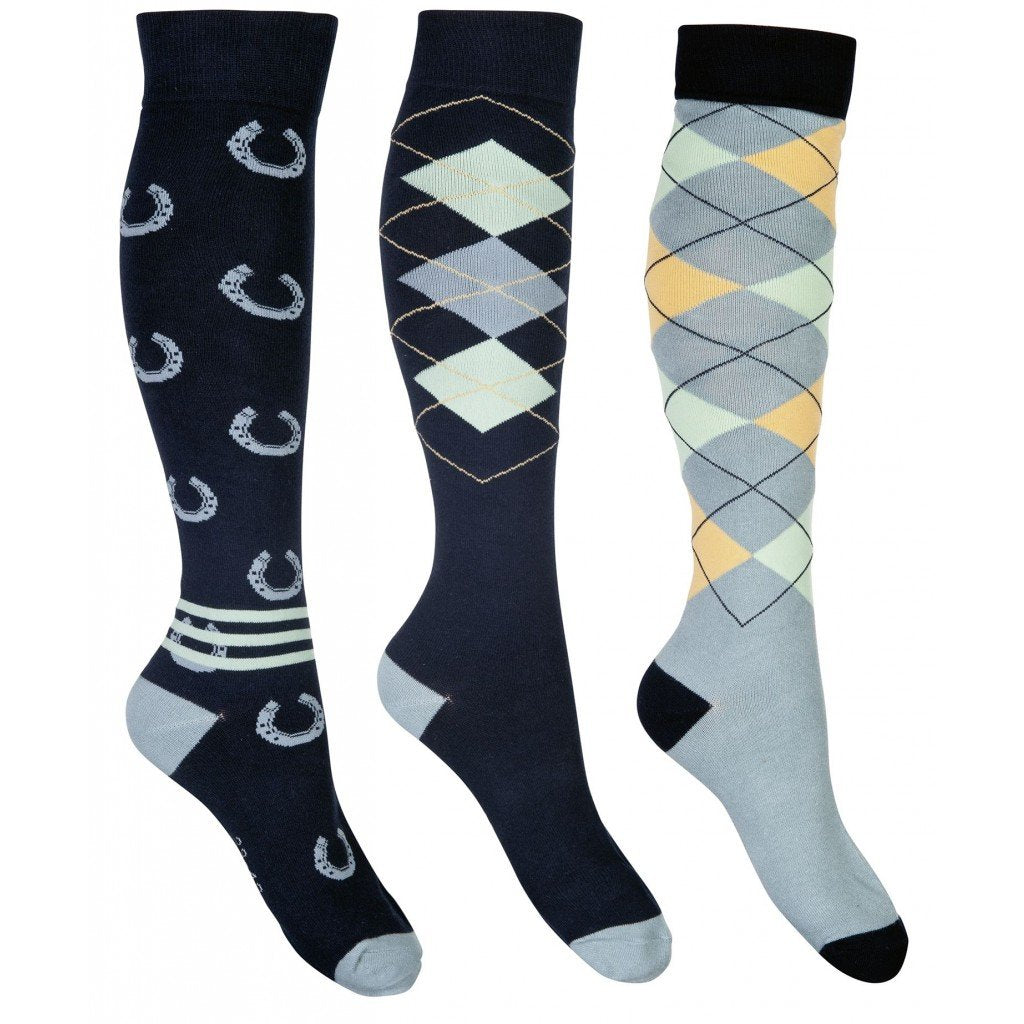 Chaussettes d'équitation HKM Cardiff marine et bleu par 3