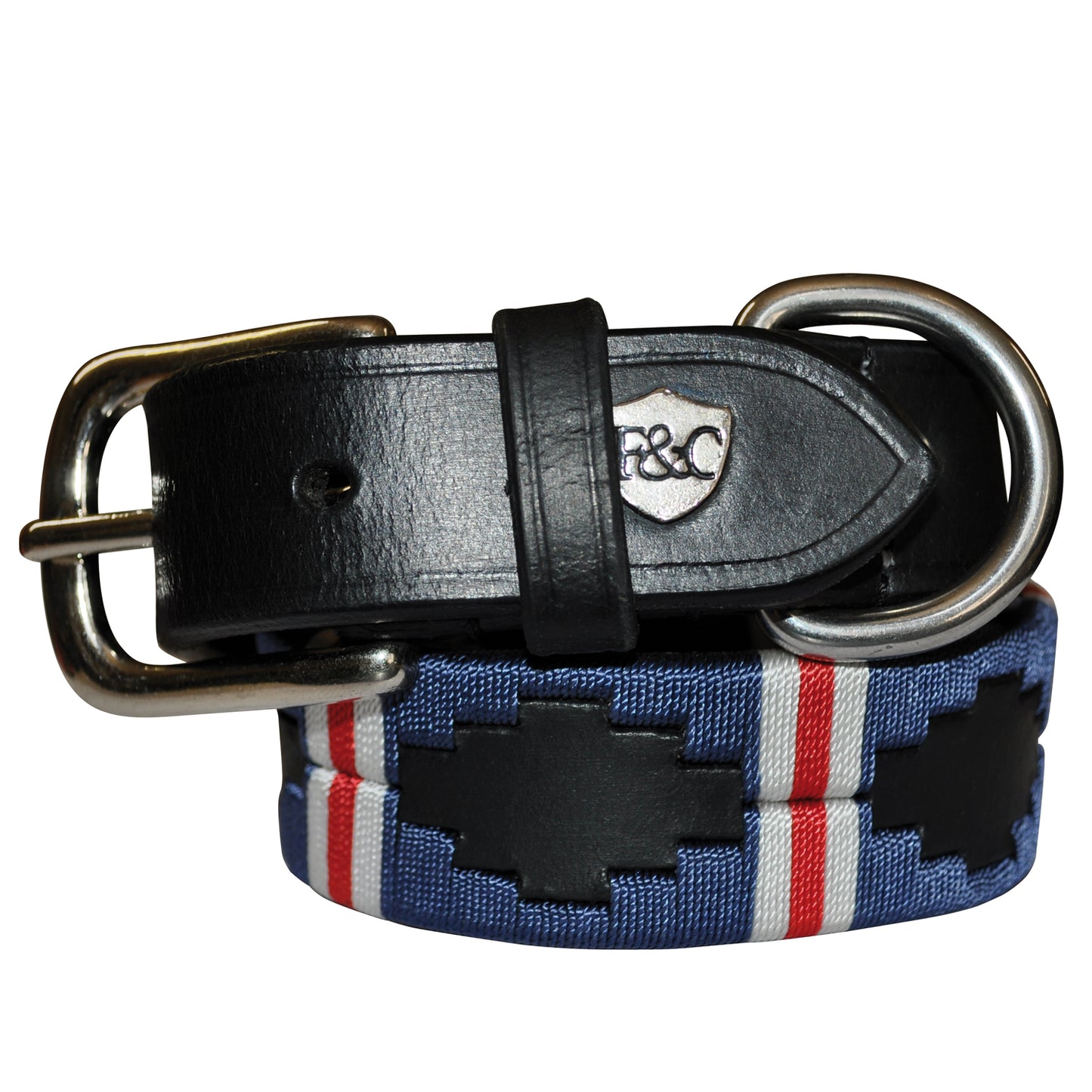 Collier pour chien en cuir brodé Flags&Cup Chukka noir bleu/blanc/rouge