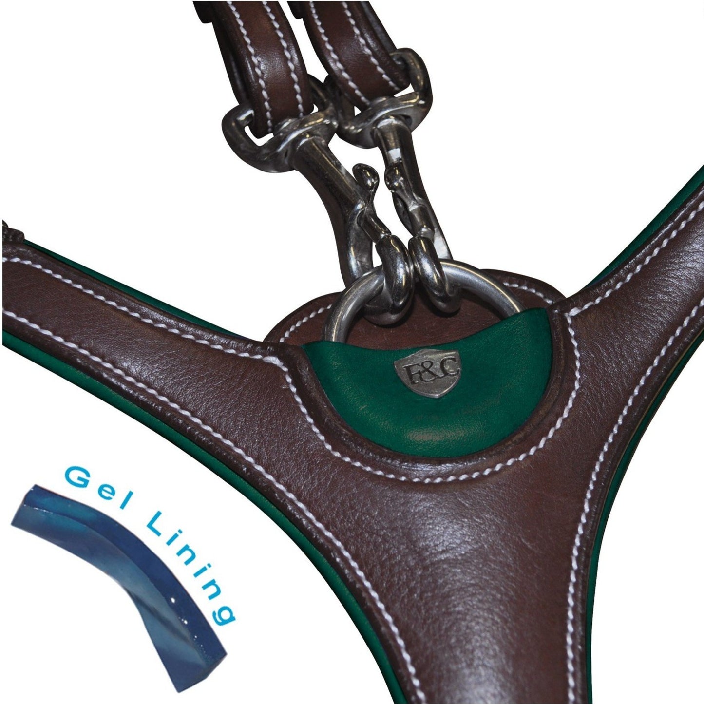 Détail du pad de poitrail doublé gel anti-chocs du collier de chasse Flags&Cup Paris marron et vert