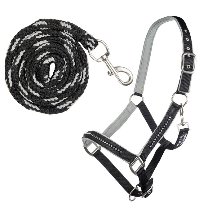 Licol avec longe pour shetlands, poneys et chevaux HKM Crystal noir