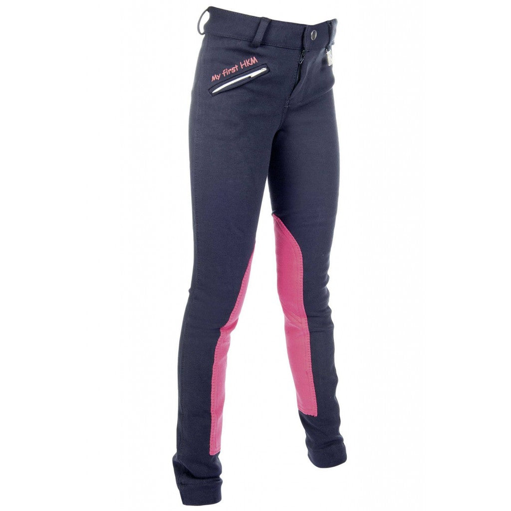Pantalon d'équitation pour enfant HKM My First marine et fuchsia de face