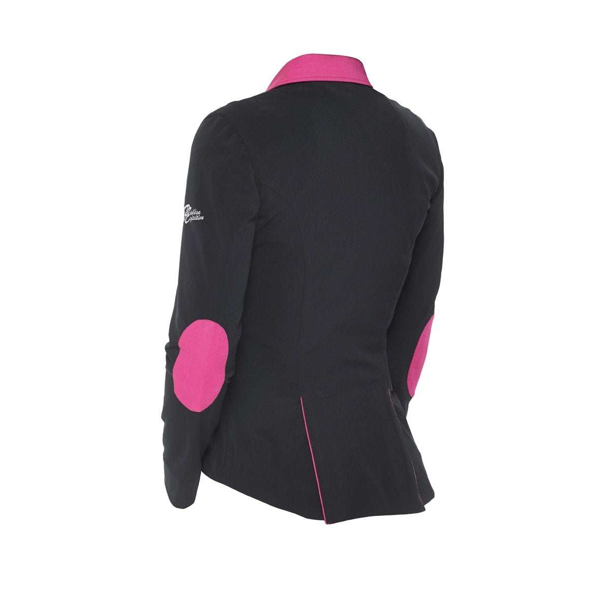 Arrière de la veste de concours enfant Privilège Equitation Sophia noir et fuchsia