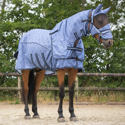 Chemise anti-mouches pour shetlands, poneys et chevaux QHP Collection bleu avec couvre-cou et masque amovibles