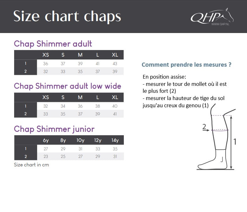 Guide des tailles pour les mini-chaps QHP Shimmer junior