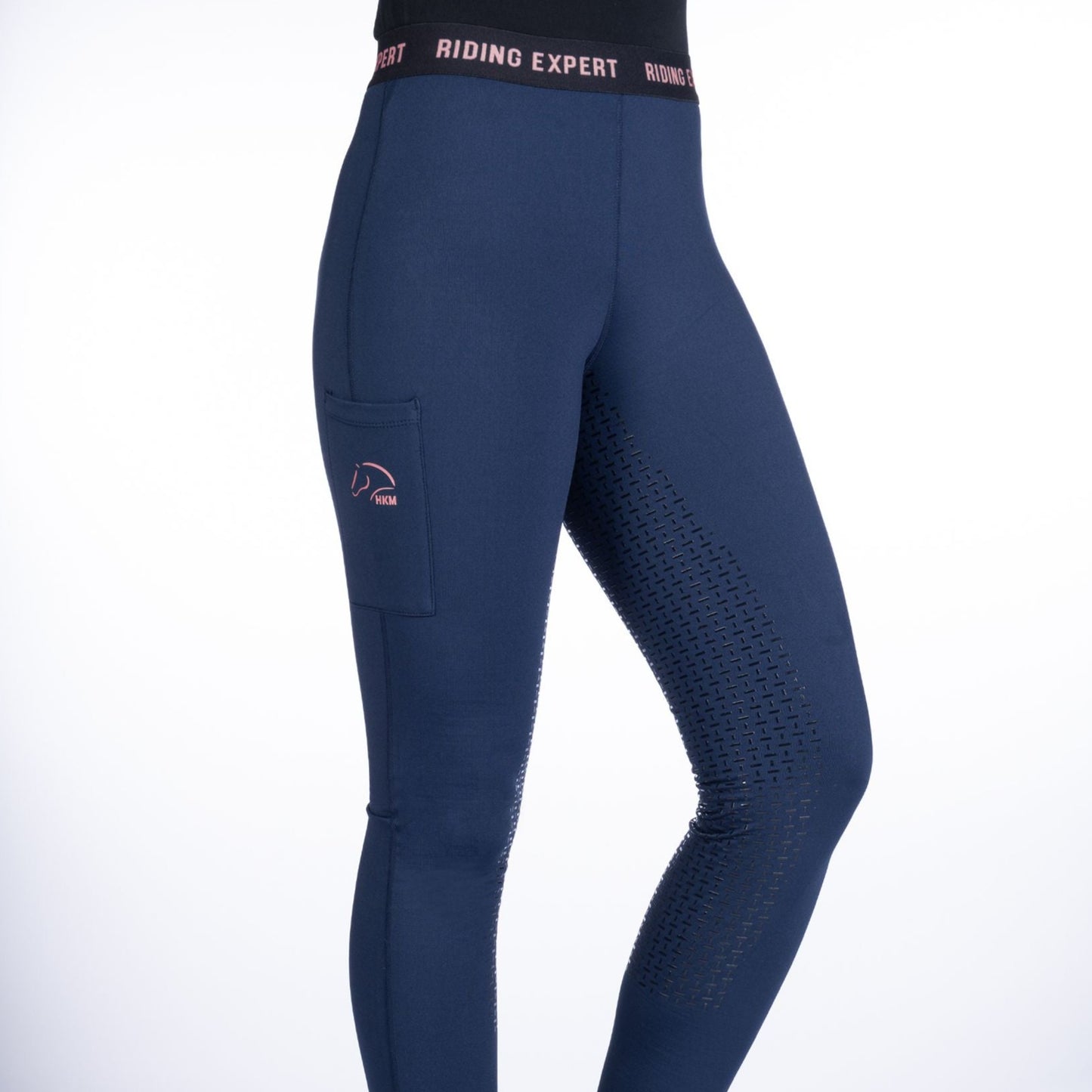 Legging d'équitation fond intégral silicone et doublé polaire pour enfants et adultes HKM Graz marine/corail