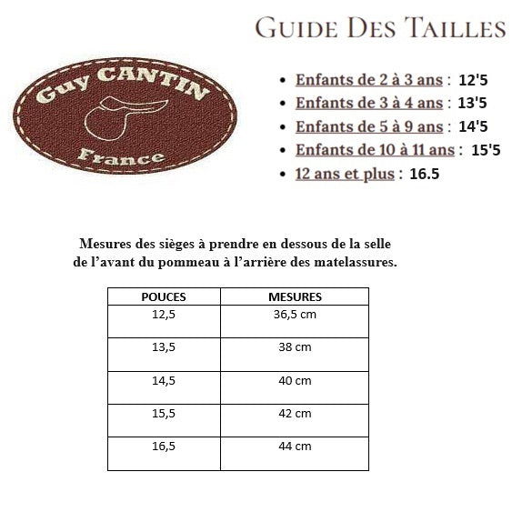 Tableau de mesures et guide des tailles pour les selles Guy Cantin pour enfants