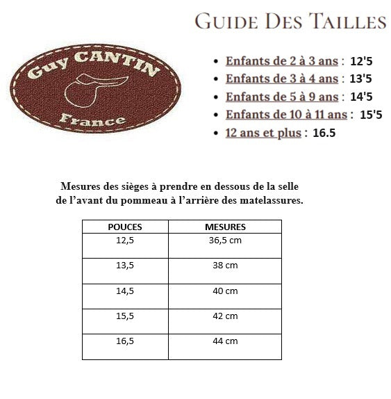 Guide des tailles pour les selles éducatives Guy Cantin