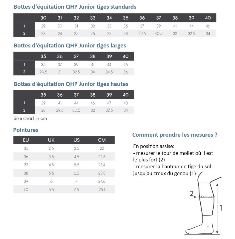 Guide des tailles pour les bottes d'équitation juniors QHP