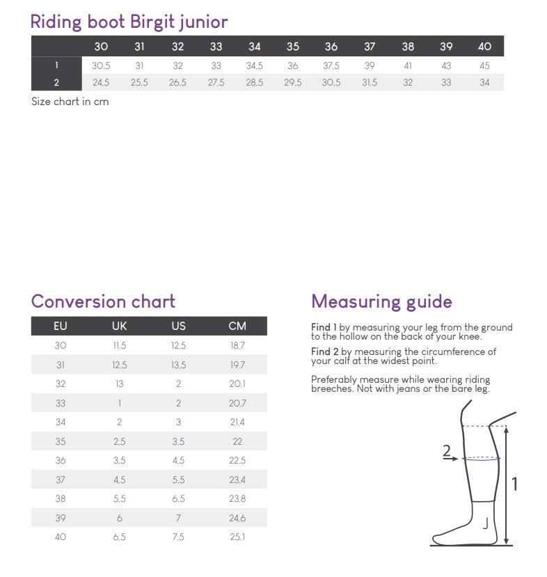 Tableau de tailles pour les bottes d'équitation enfants QHP Birgit