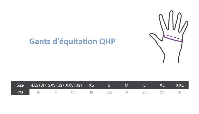 Tableau de tailles pour les gants d'équitation QHP Kae