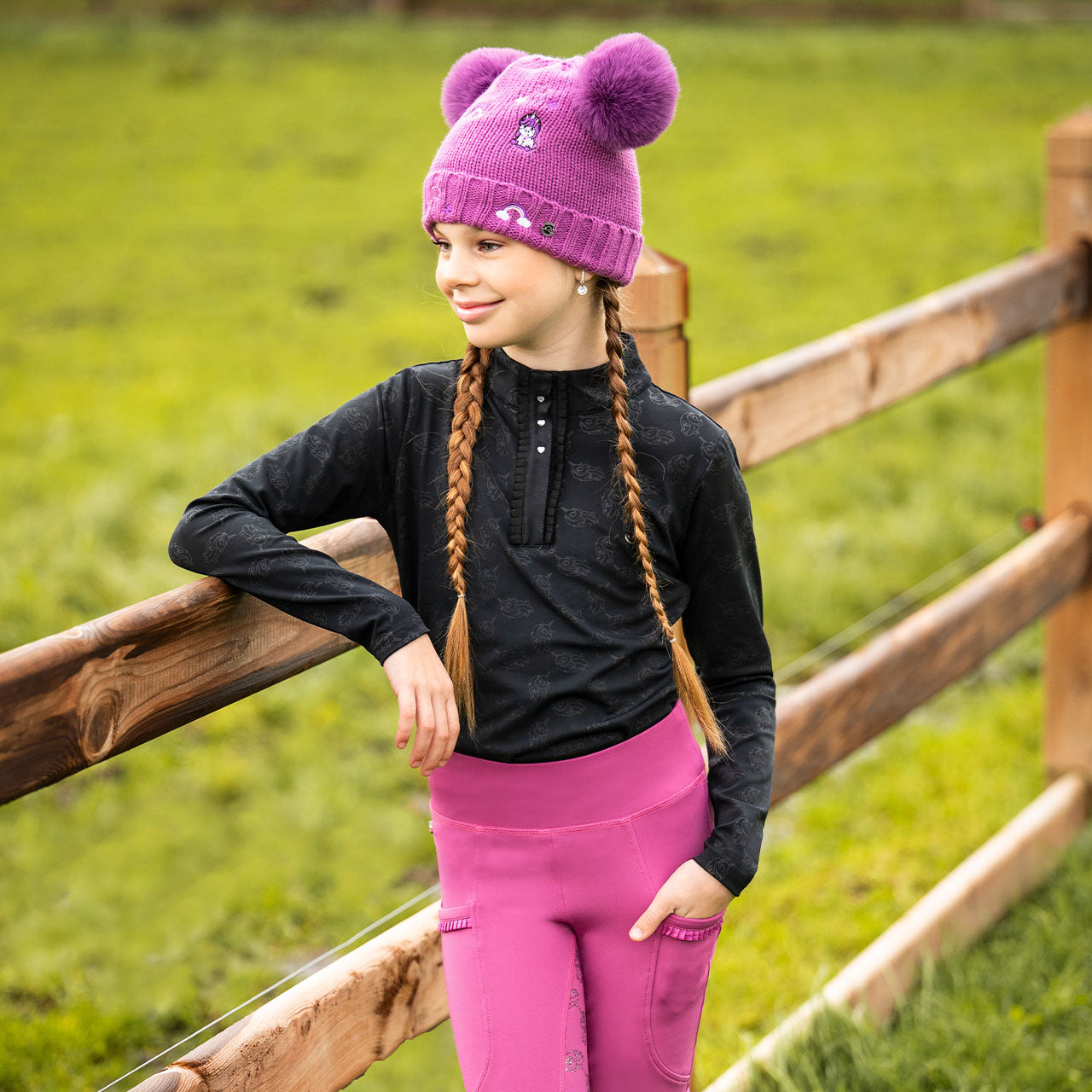 Tee-shirt technique à manches longues pour petites cavalières QHP Lissie noir