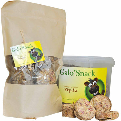 Sachet et seau de bonbons naturels pour chevaux Galo'Snack Gamme Pom'Pur Disc