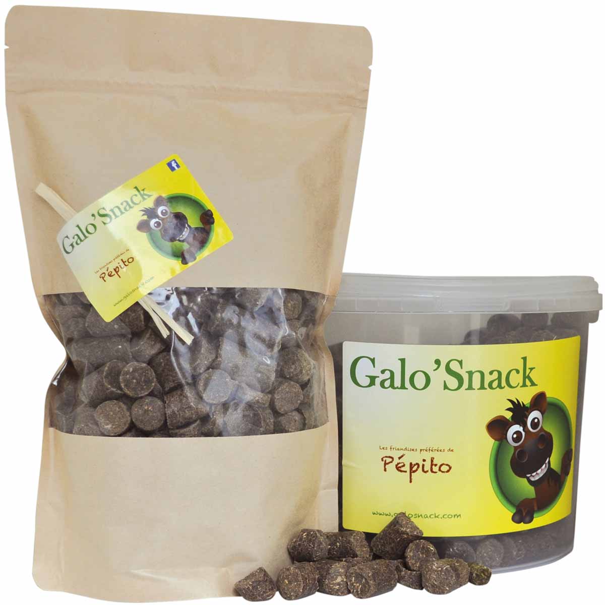 Sachet et seau de bonbons naturels pour chevaux Galo'Snack Gamme Pom'Pur Granulés