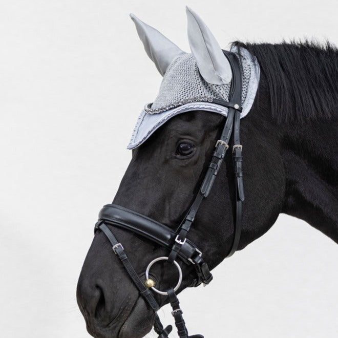 Bonnet anti-mouches pour poneys et chevaux HKM Monaco noble bleu acier