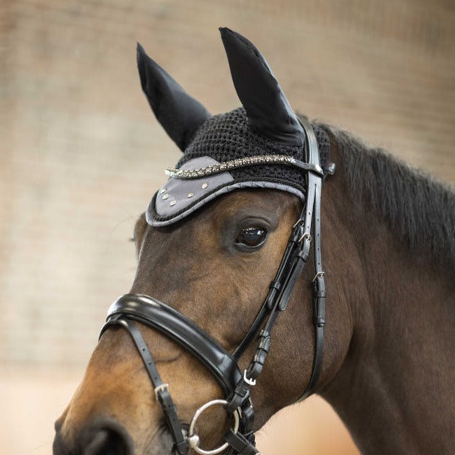 Bonnet anti-mouches pour poneys et chevaux HKM Rosewood noir et gris