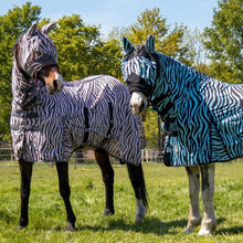 Charger l&#39;image dans la galerie, Masque anti-mouches pour poneys et chevaux HKM Zebra bleu et rose
