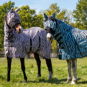 Masque anti-mouches pour poneys et chevaux HKM Zebra bleu et rose