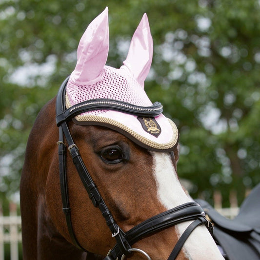 Bonnet anti-mouches en taille poney, cob ou cheval HKM Golden Gate rose porté