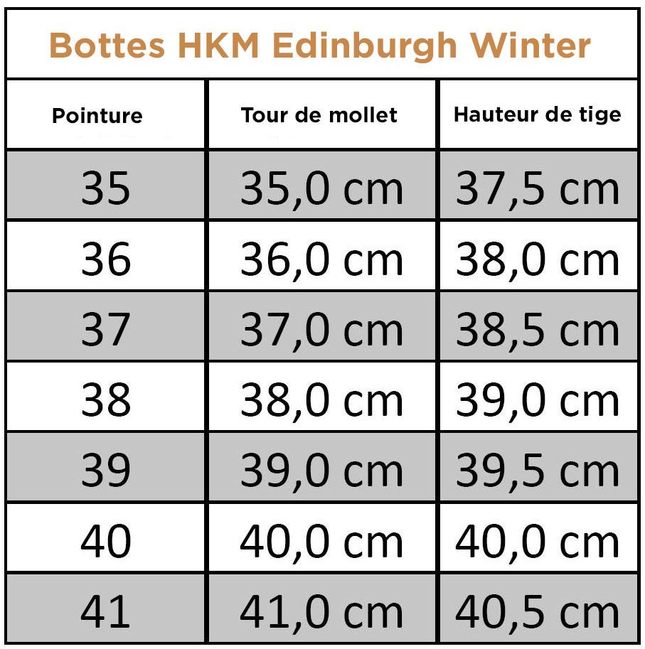 Tableau des tailles pour les bottes d'équitation HKM Edinburgh