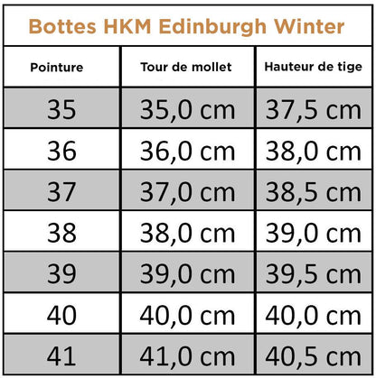 Tableau des tailles pour les bottes d'équitation HKM Edinburgh