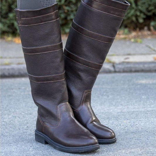 Bottes en cuir synthétique doublées pour cavalières HKM Edinburgh marron portée