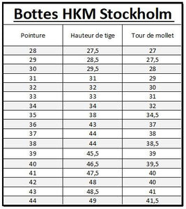 Tableau de tailles pour les bottes d'équitation pour enfants et adolescentes HKM Stockholm