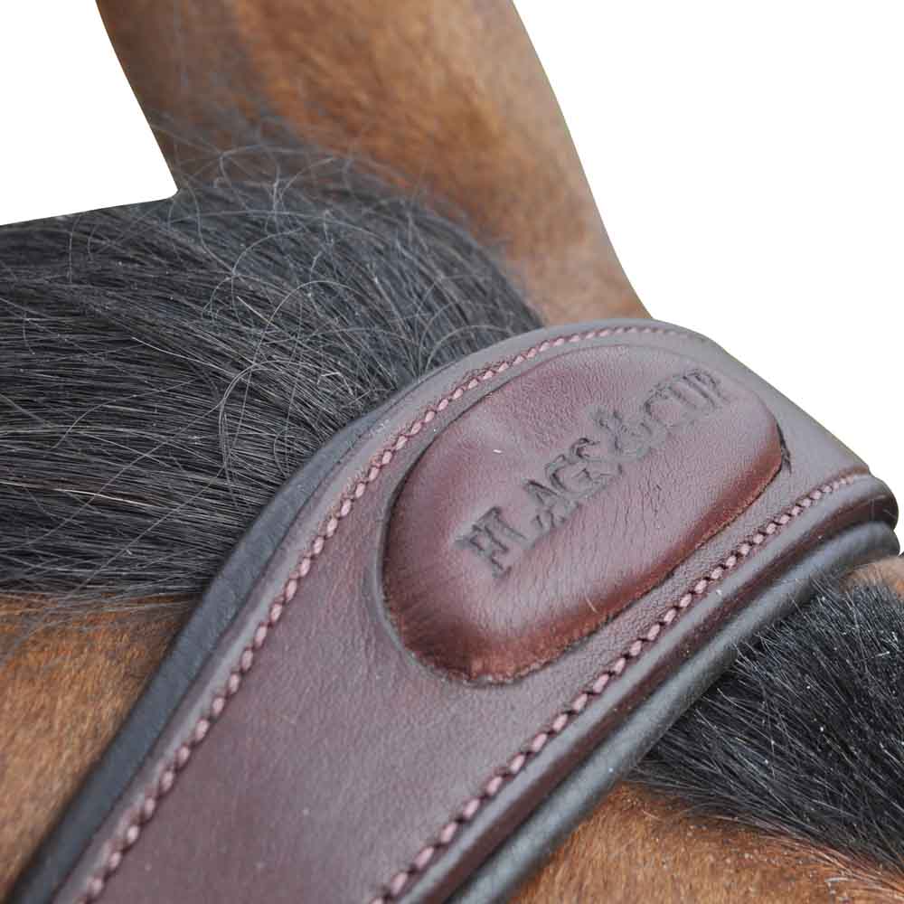 Bridon en cuir naturel pour poneys et chevaux Flags&Cup Kitsi détail têtière