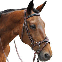 Charger l&#39;image dans la galerie, Bridon en cuir naturel pour chevaux et poneys Flags&amp;Cup Paris marron et vert
