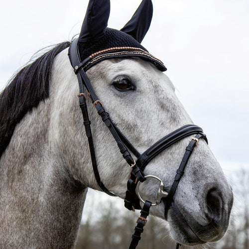 Bridon pour poneys et chevaux HKM Glamour cuir noir et bouclerie rosegold