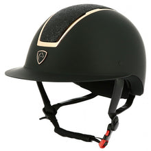 Charger l&#39;image dans la galerie, Casque d&#39;équitation pour enfant Equi-Thème Glint noir avec inserts rosegold et top noir brillant
