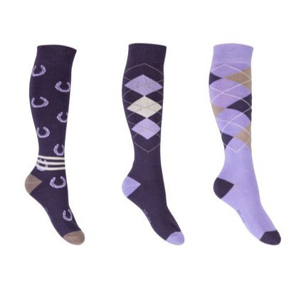 Chaussettes d'équitation HKM Cardiff violet et lilas par 3