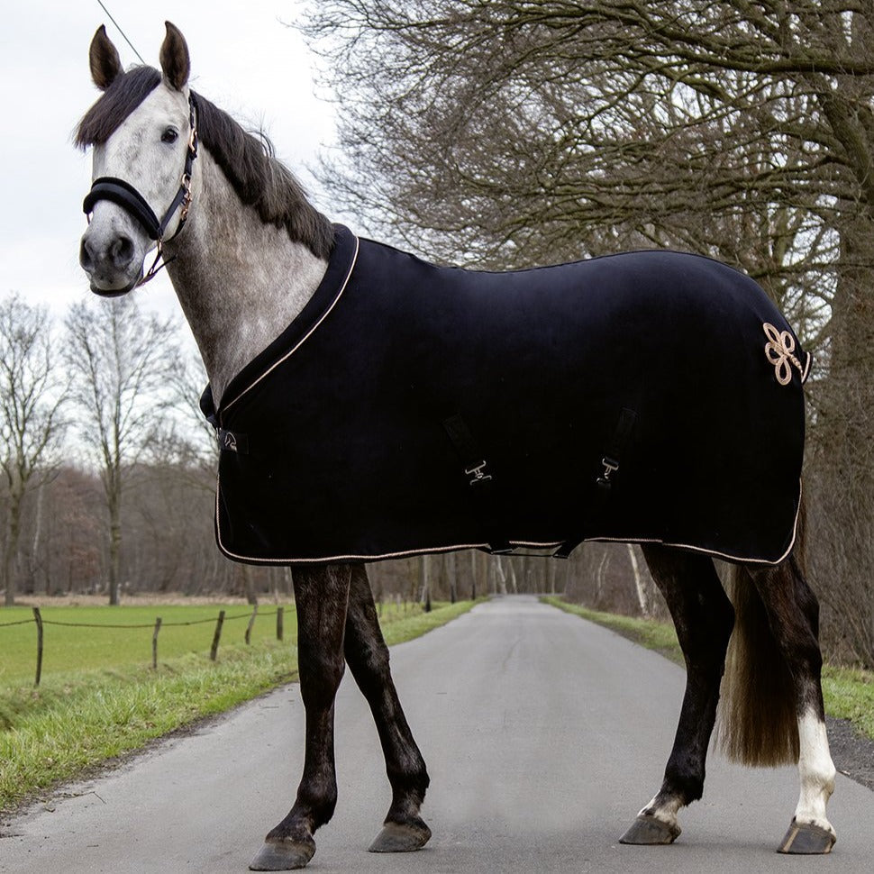 Chemise séchante en polaire pour poneys et chevaux HKM Glamour noire avec tresse de queue rosegold