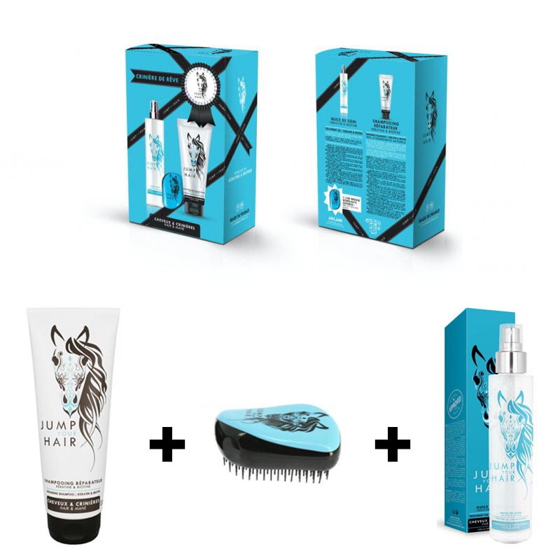 Coffret contenant un shampooing et une huile de soin Jump Your Hair et la brosse démêlante offerte