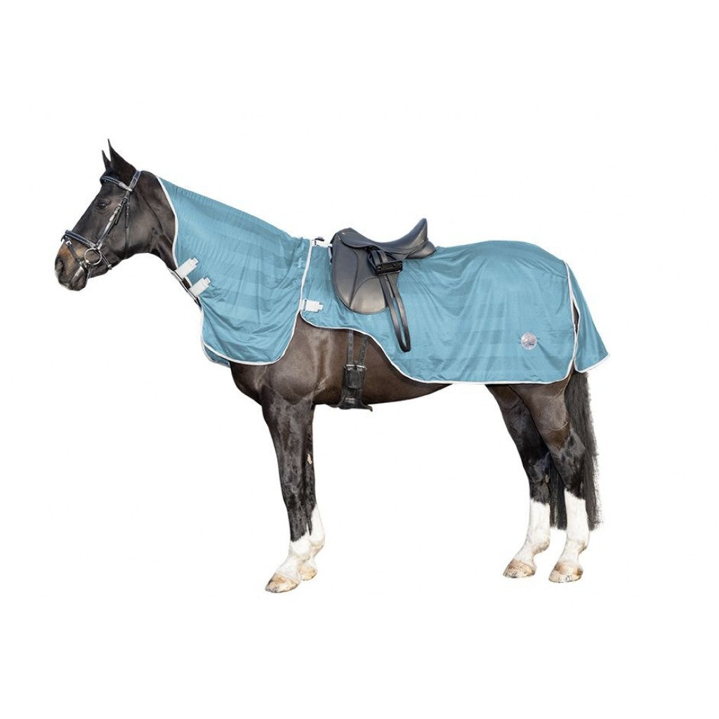 Couvre-reins anti-mouches pour shetlands, poneys et chevaux HKM Classic avec cou amovible bleu ciel