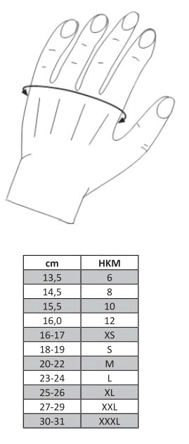 Tableau des tailles pour les gants en taille adulte HKM
