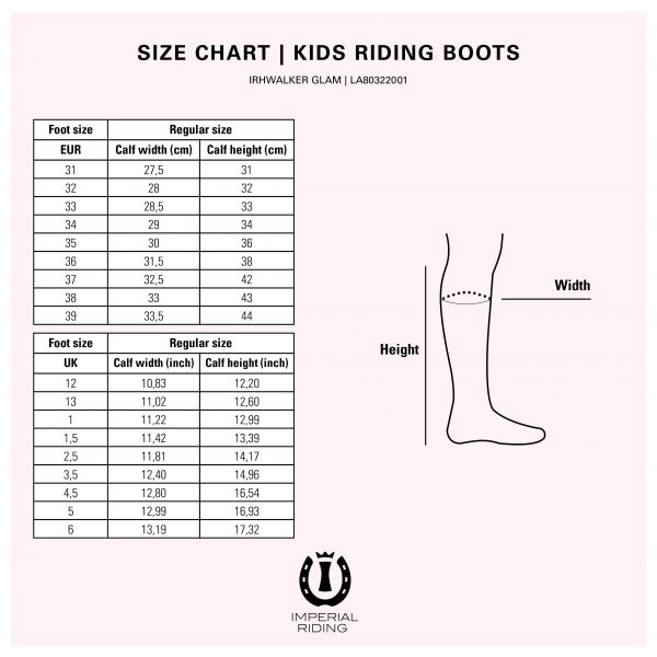 Guide des tailles pour les bottes d'équitation pour petites cavalières Imperial Riding Walker Glam