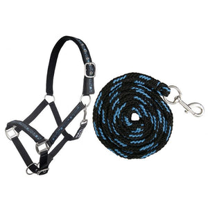 Licol avec longe pour shetlands, poneys et chevaux HKM Stars noir et bleu