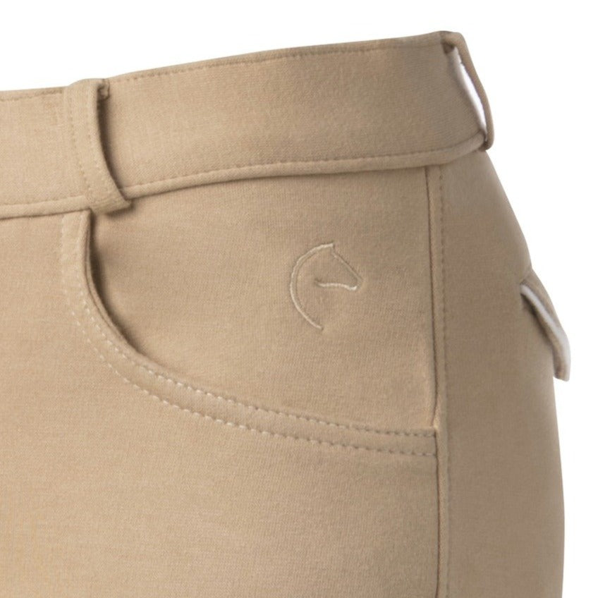 Pantalon d'équitation mixte avec basanes en tissu Equithème Pro beige détail poche avant et broderie