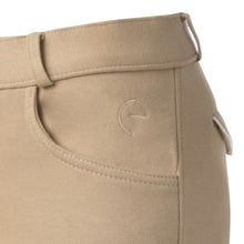 Charger l&#39;image dans la galerie, Pantalon d&#39;équitation mixte avec basanes en tissu Equithème Pro beige détail poche avant et broderie

