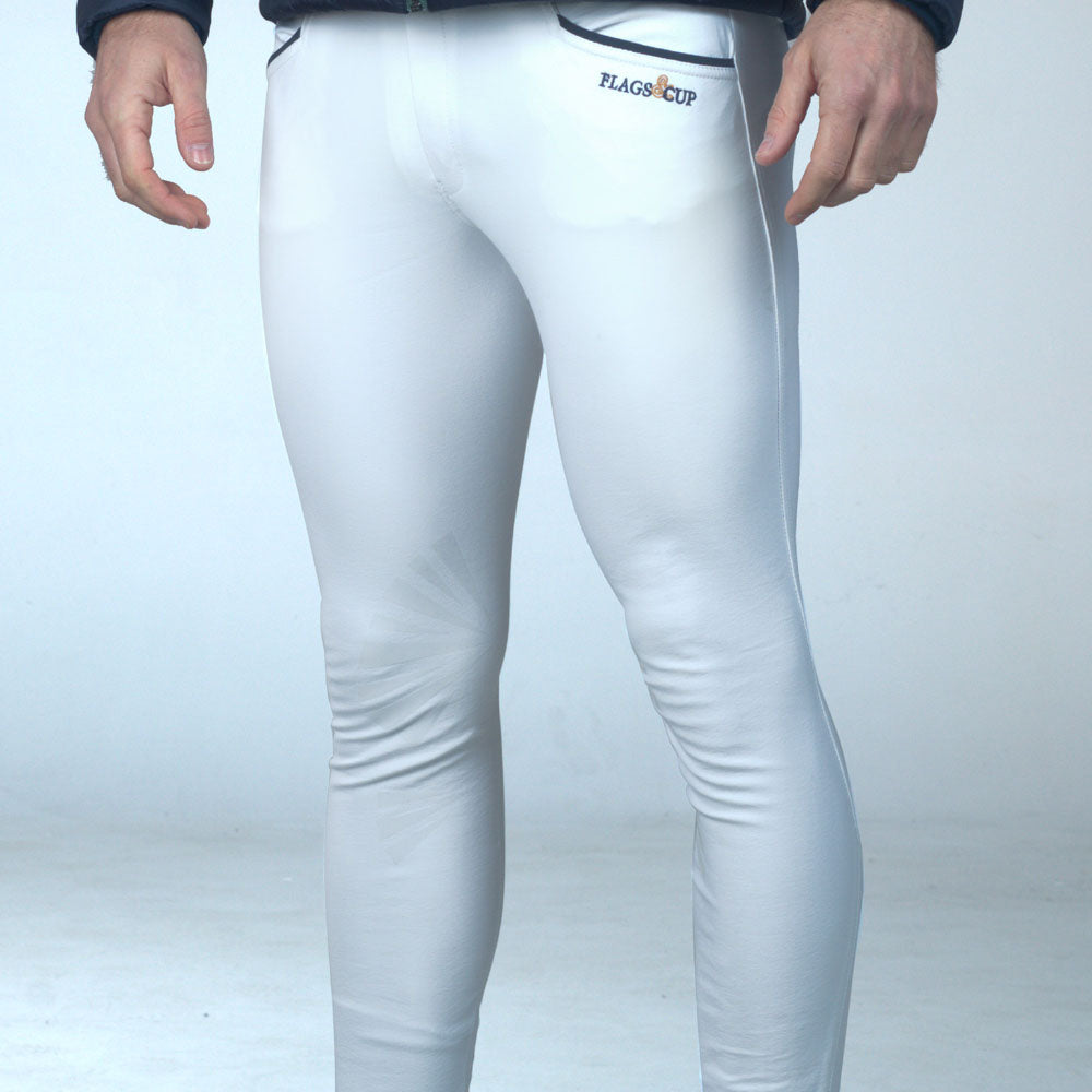 Pantalon d'équitation avec basanes grip pour petits cavaliers Flags&Cup Bassano blanc porté