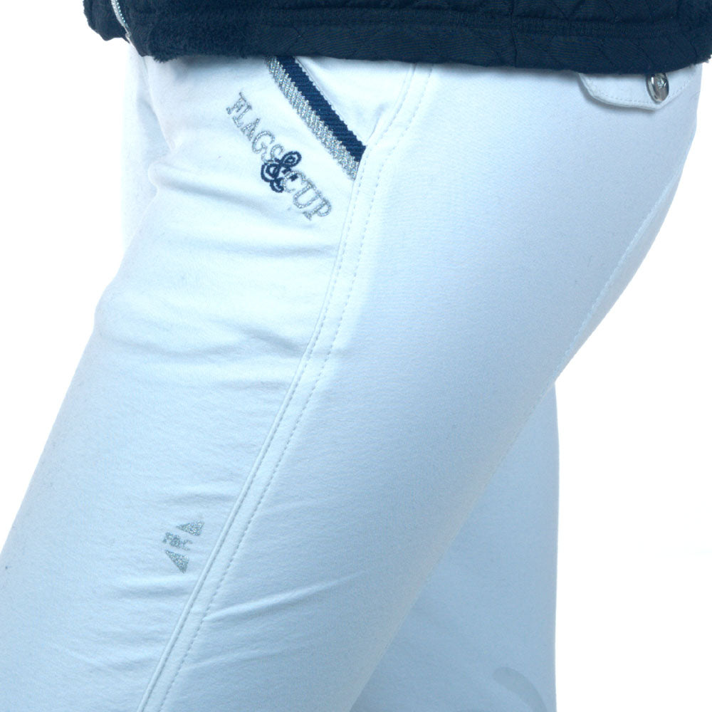 Pantalon d'équitation avec basanes en silicone pour petites cavalières Flags&Cup Varena blanc détail broderie poche