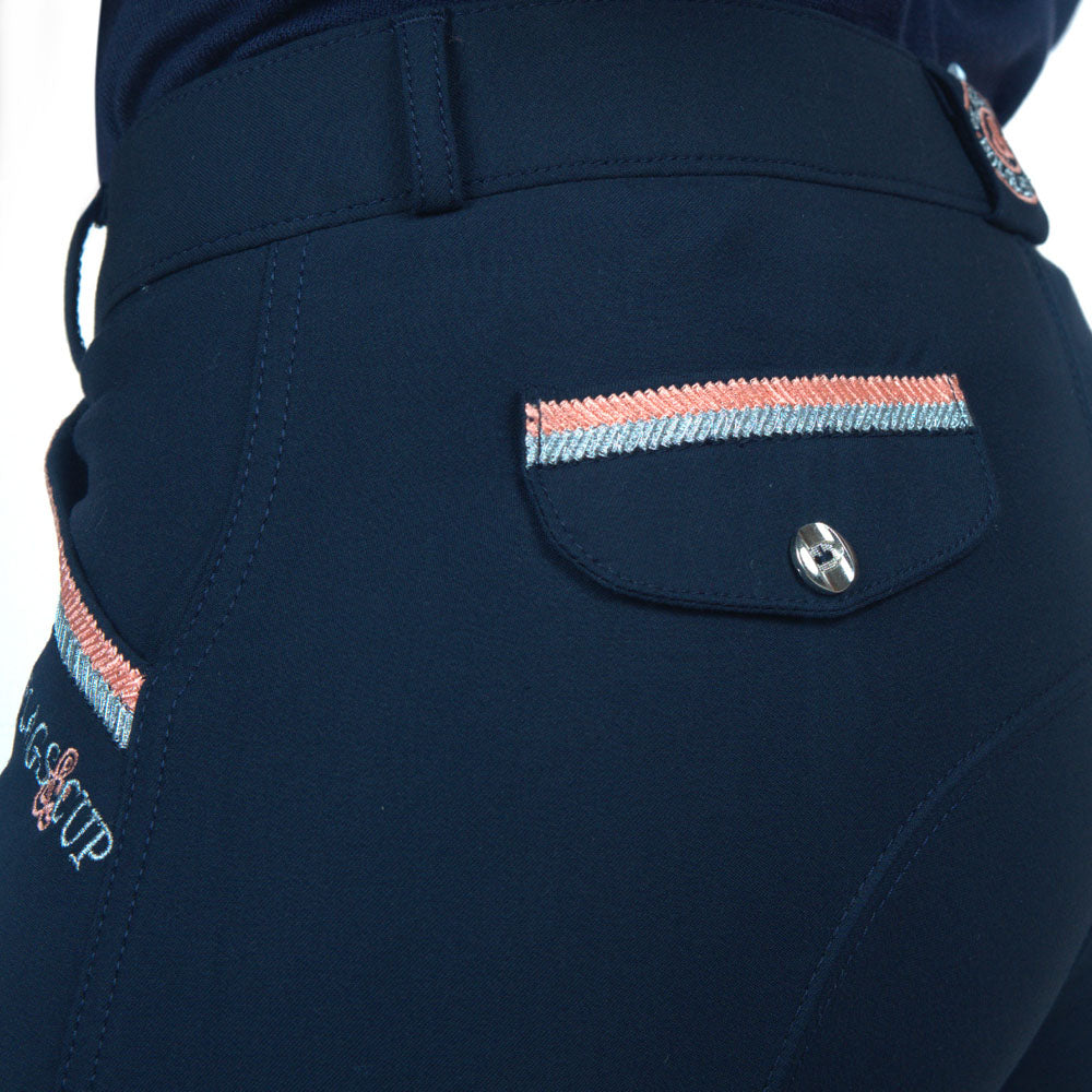 Pantalon d'équitation avec basanes en silicone pour petites cavalières Flags&Cup Varena marine détail cordelettes poche