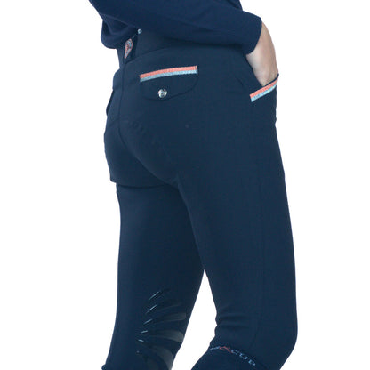 Pantalon d'équitation avec basanes en silicone pour petites cavalières Flags&Cup Varena marine poche arrière
