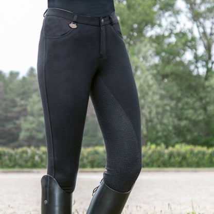 Pantalon d'équitation pour enfant HKM Kate Full Grip noir de profil porté